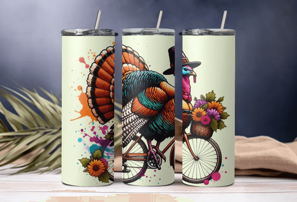 Whimsical Turkey on a Bicycle Tumbler – Bright, Fun, and Perfect for Thanksgiving. - Eshaarya