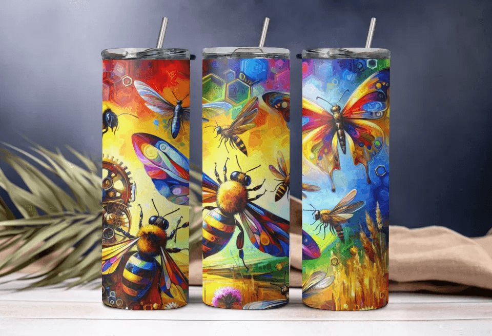 Colorful Honey Bee and Butterfly Pattern Tumbler, Gift for Her, Gift for Mom, 20oz Tumbler, Elegant pattern, Perfect Gift - Eshaarya