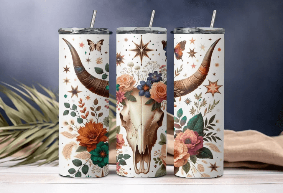 Boho Animal Skull & Horn Tumbler - 20oz Bold Drinkware with White Background, Perfect Gift for Him & Adventure Lovers - Eshaarya