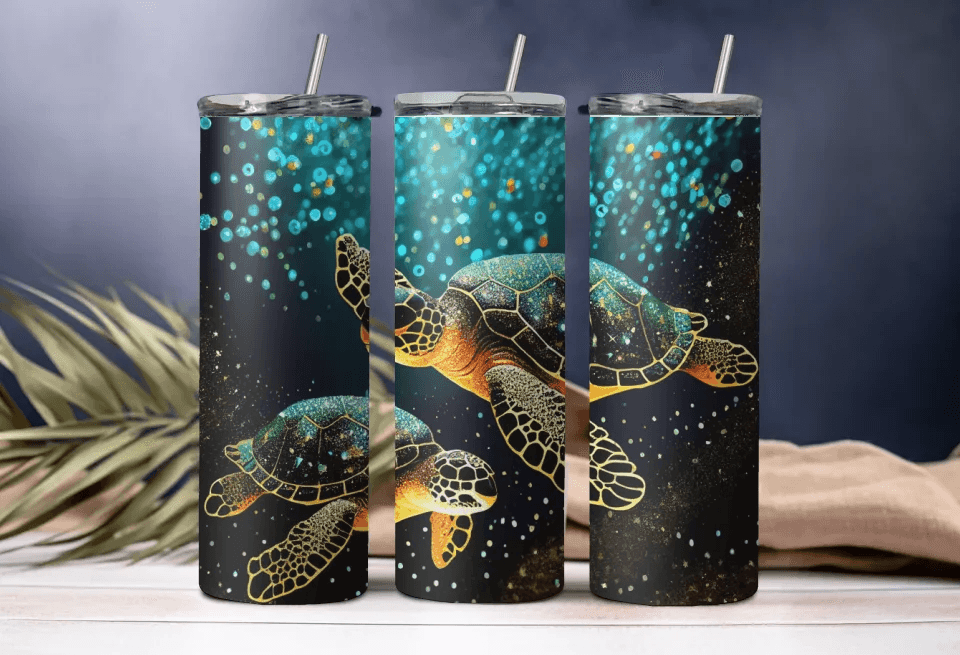 Illuminating Swimming Turtle Tumbler - 20oz Artistic Drinkware with Vibrant Ocean-Inspired Design, Perfect Gift for Art Lovers, Stylish Drinkware, Gift for Her, Gift for Mom - Eshaarya