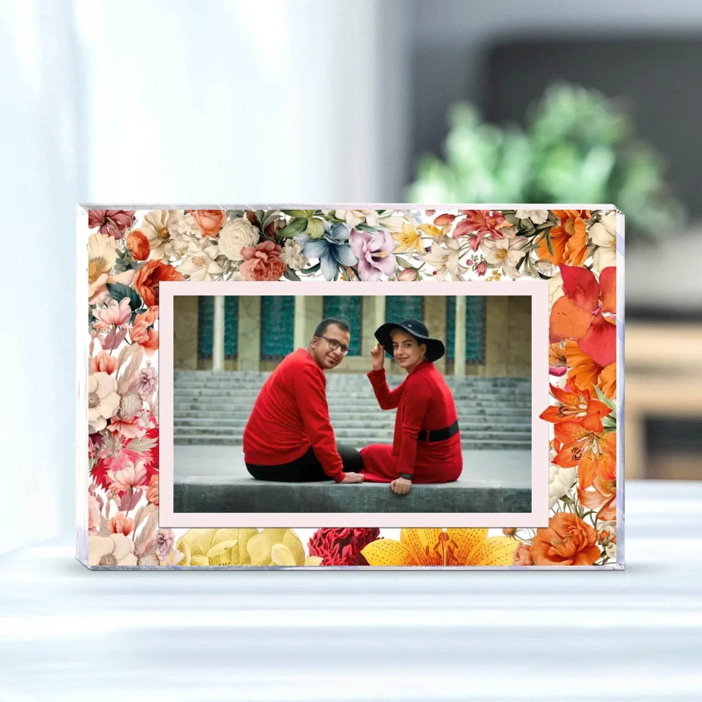 Personalized Rectangle Acrylic Plaque with Photo & Flowery Background – Perfect Gift for Loved Ones - Eshaarya