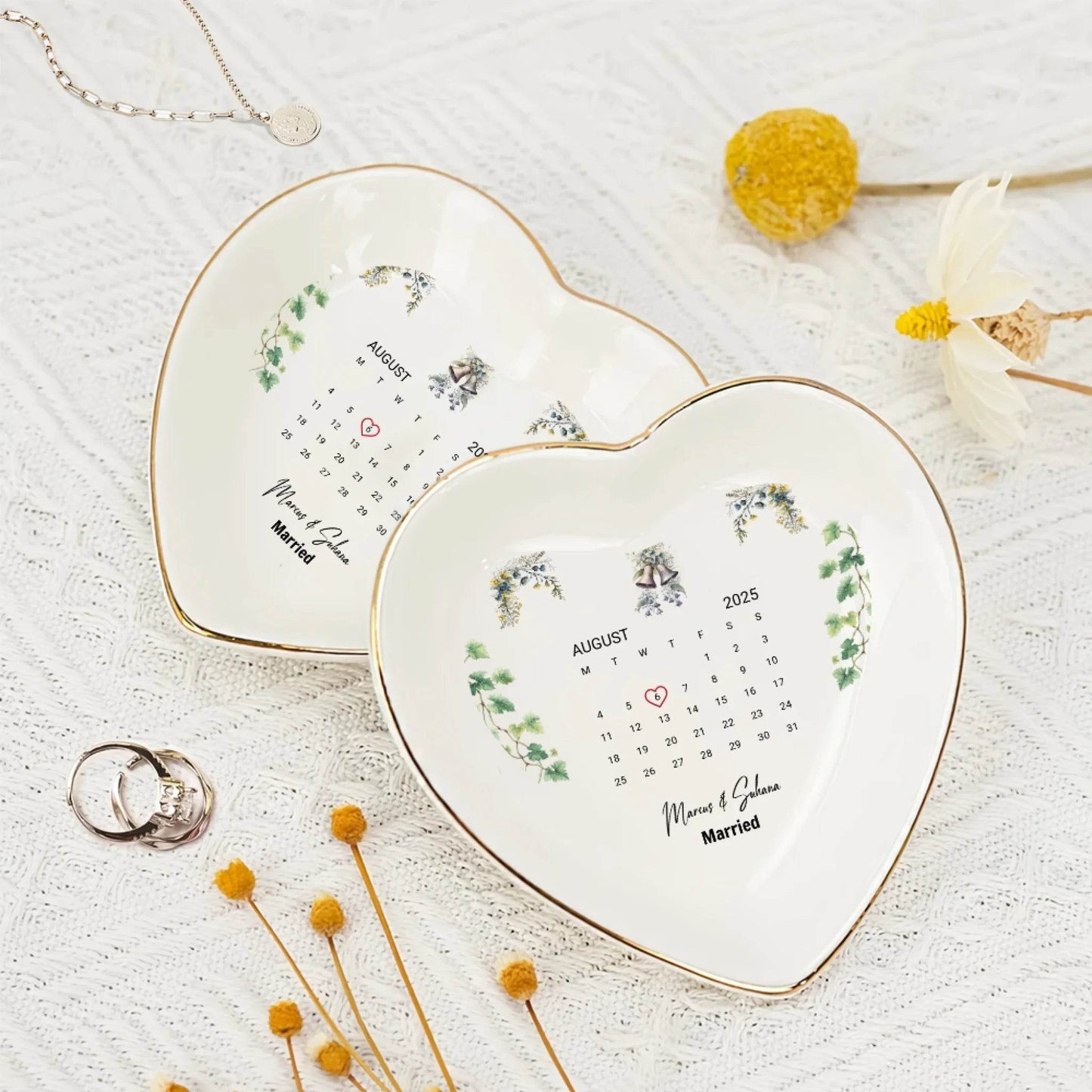 Personalized Heart-Shaped Ring Dish – Custom Wedding Date & Couple Name Keepsake | Unique Gift for Fiancee | Wedding Gift | Anniversary Gift | Ceramic Keepsake - Eshaarya