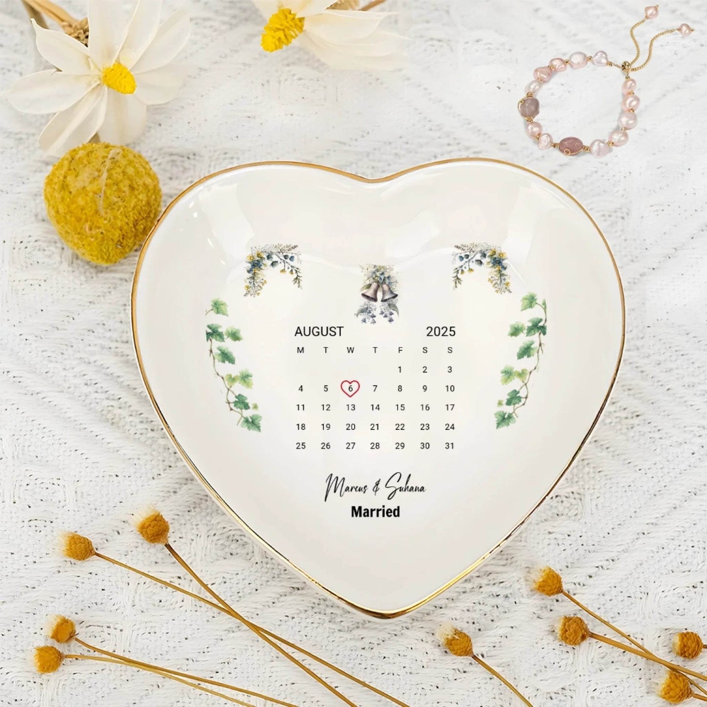 Personalized Heart-Shaped Ring Dish – Custom Wedding Date & Couple Name Keepsake | Unique Gift for Fiancee | Wedding Gift | Anniversary Gift | Ceramic Keepsake - Eshaarya