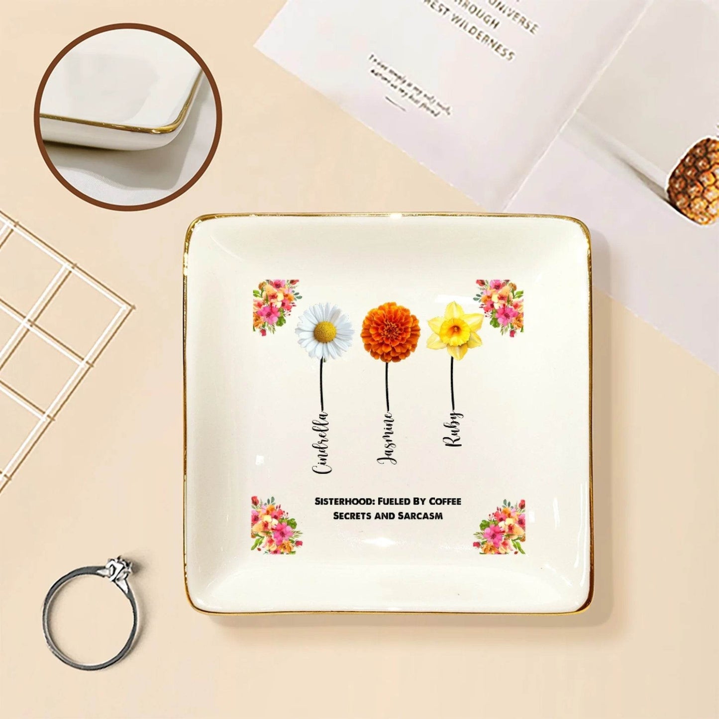 Personalized Sister Ring Dish – Custom Flowers, Names & Quotes | Unique Gift for Sisters - Eshaarya