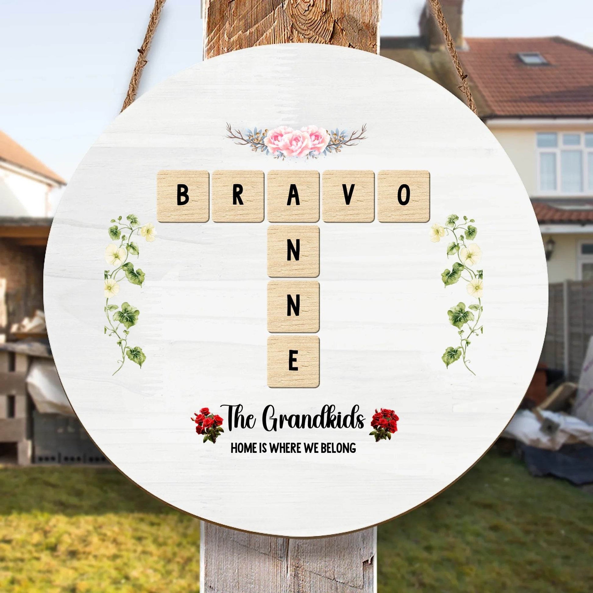 Personalized Round Wood Sign – Grandkids Scribble Name Design – Custom Rustic Home Décor Gift | Gift for Grandparents - Eshaarya