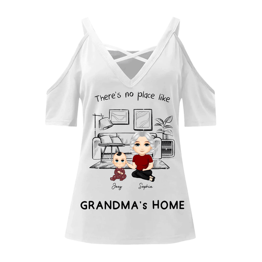 Personalized Off-Shoulder V-Neck Tee | “There’s No Place Like Grandma’s Home” - Eshaarya