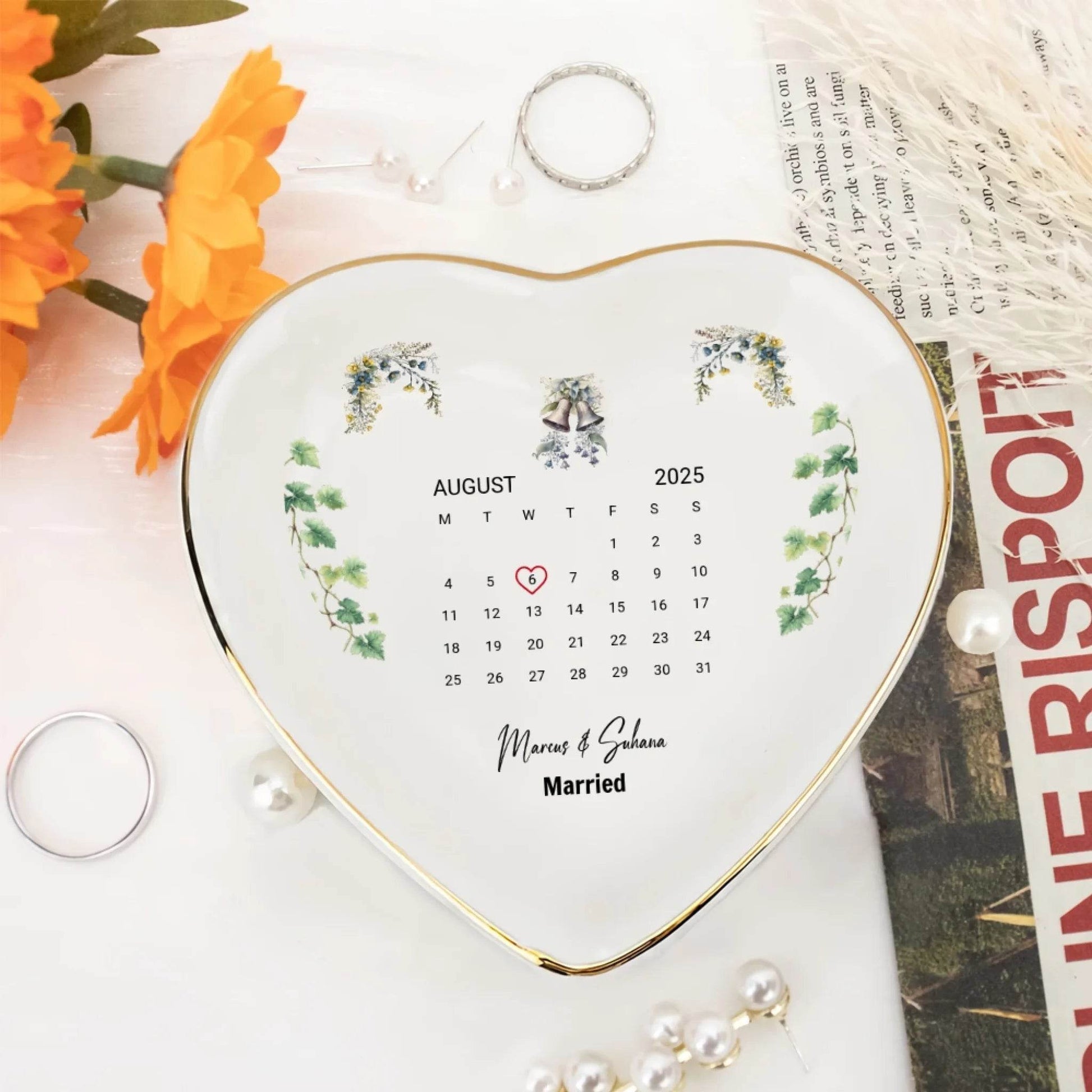 Personalized Heart-Shaped Ring Dish – Custom Wedding Date & Couple Name Keepsake | Unique Gift for Fiancee | Wedding Gift | Anniversary Gift | Ceramic Keepsake - Eshaarya