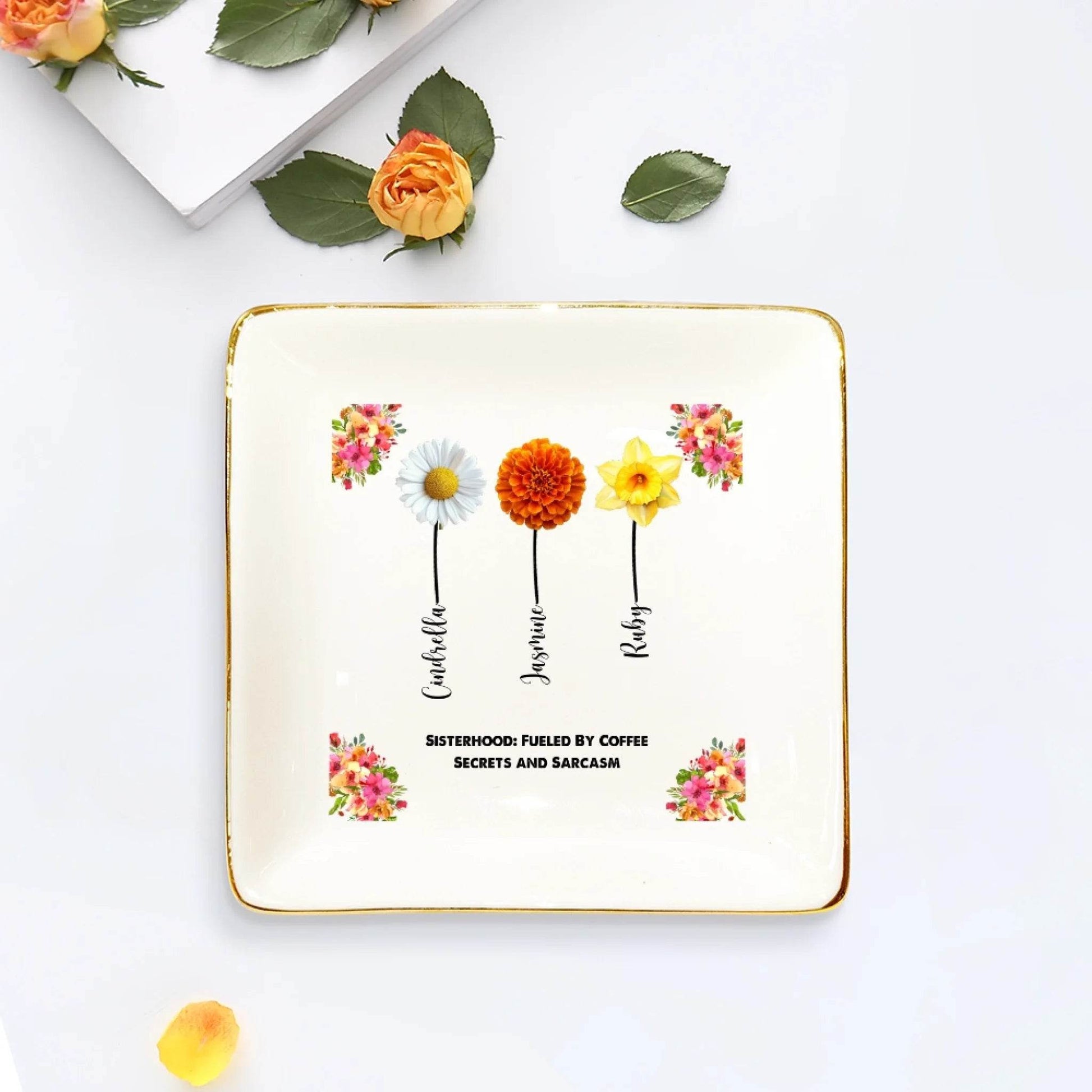 Personalized Sister Ring Dish – Custom Flowers, Names & Quotes | Unique Gift for Sisters - Eshaarya