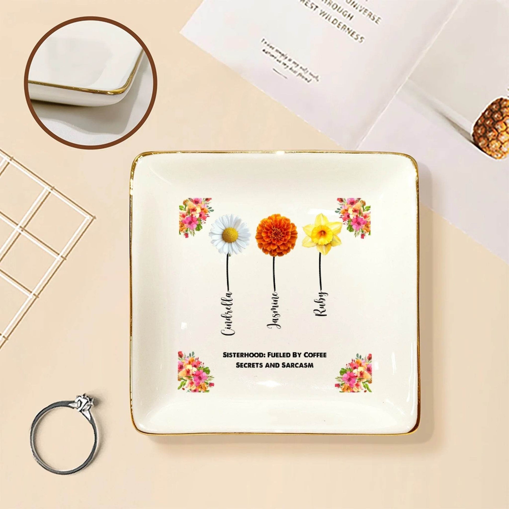 Personalized Sister Ring Dish – Custom Flowers, Names & Quotes | Unique Gift for Sisters - Eshaarya