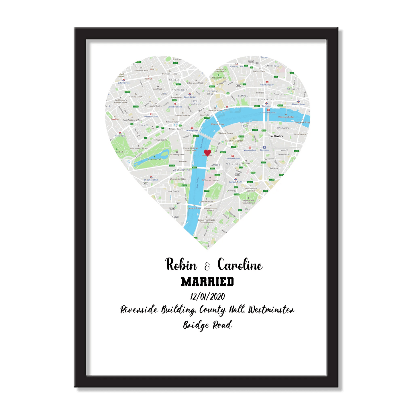 Personalized Heart Map Frame | Custom Wedding or Engagement Location Print | Unique Anniversary Gift for Couples - Eshaarya