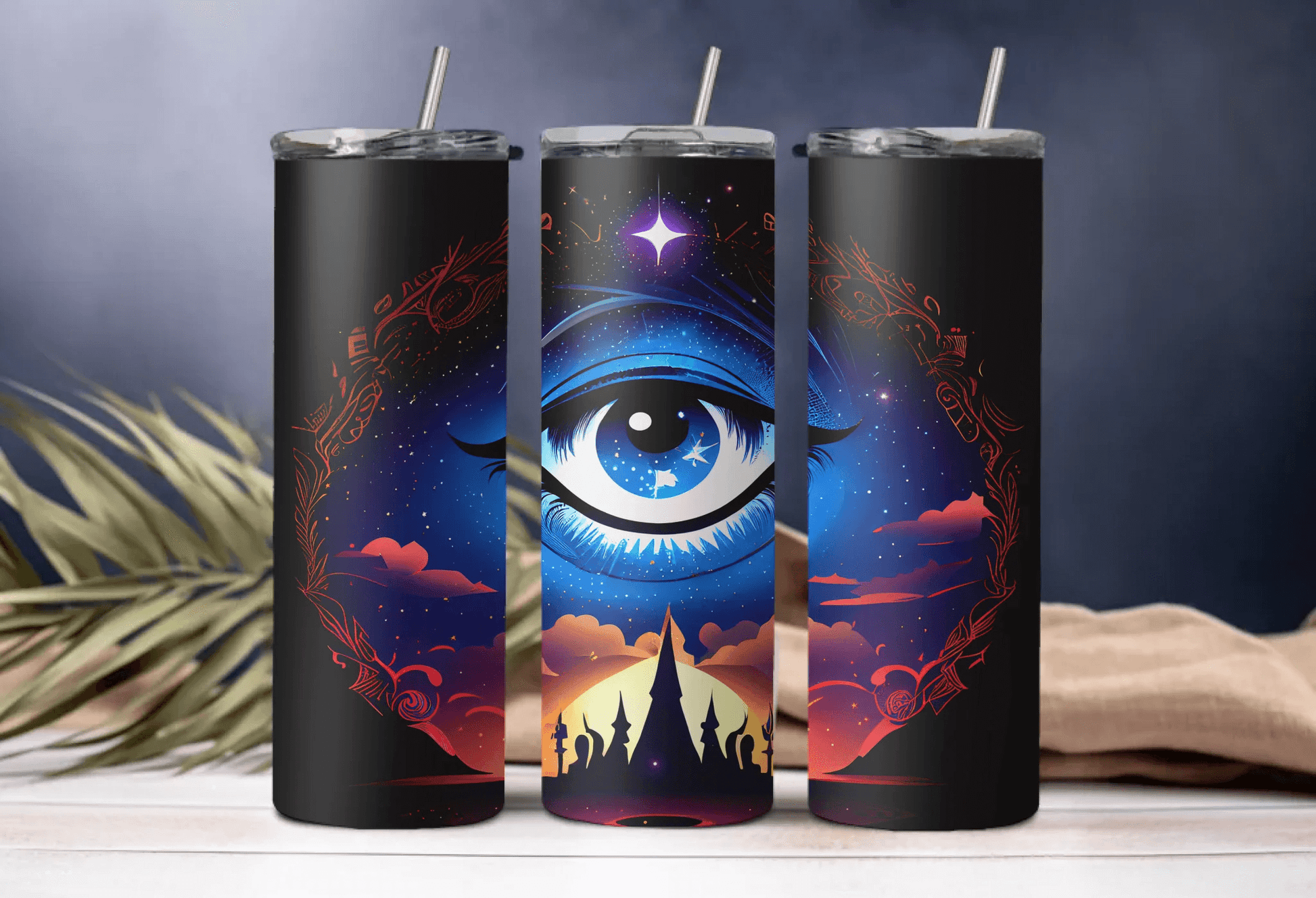 Dark Sky Cosmic Eye Tumbler – 20oz Stylish Drinkware, Unique Celestial Gift for Art & Coffee Lovers - Eshaarya