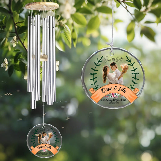 Personalized Save the Date Engagement Gift – Custom Couple Photo Glass Wind Chime