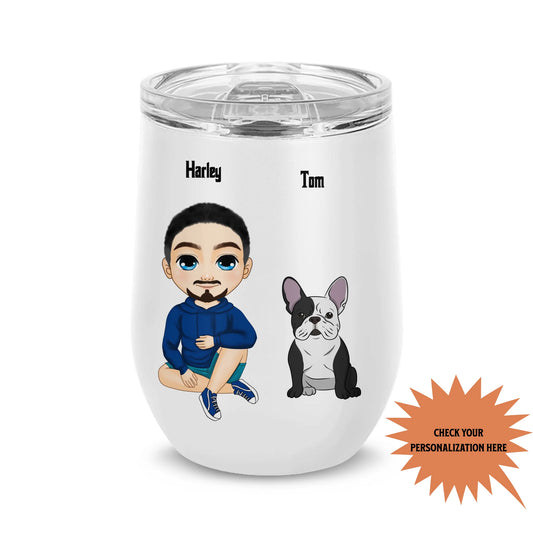 Personalized tumbler with cartoon character and dog illustration on a white background
