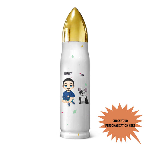 White cylindrical product with gold cap and cartoon characters on a white background
