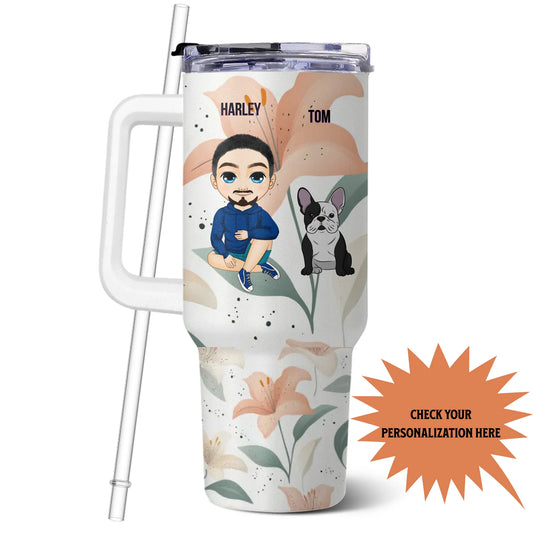 Personalized tumbler with cartoon character and dog illustration, featuring customizable text.