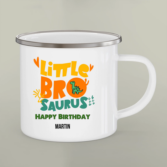 Personalized Little Bro Saurus Enamel Camping Mug | Custom Dinosaur Birthday Mug for Brother | 12oz Kids Camp Cup